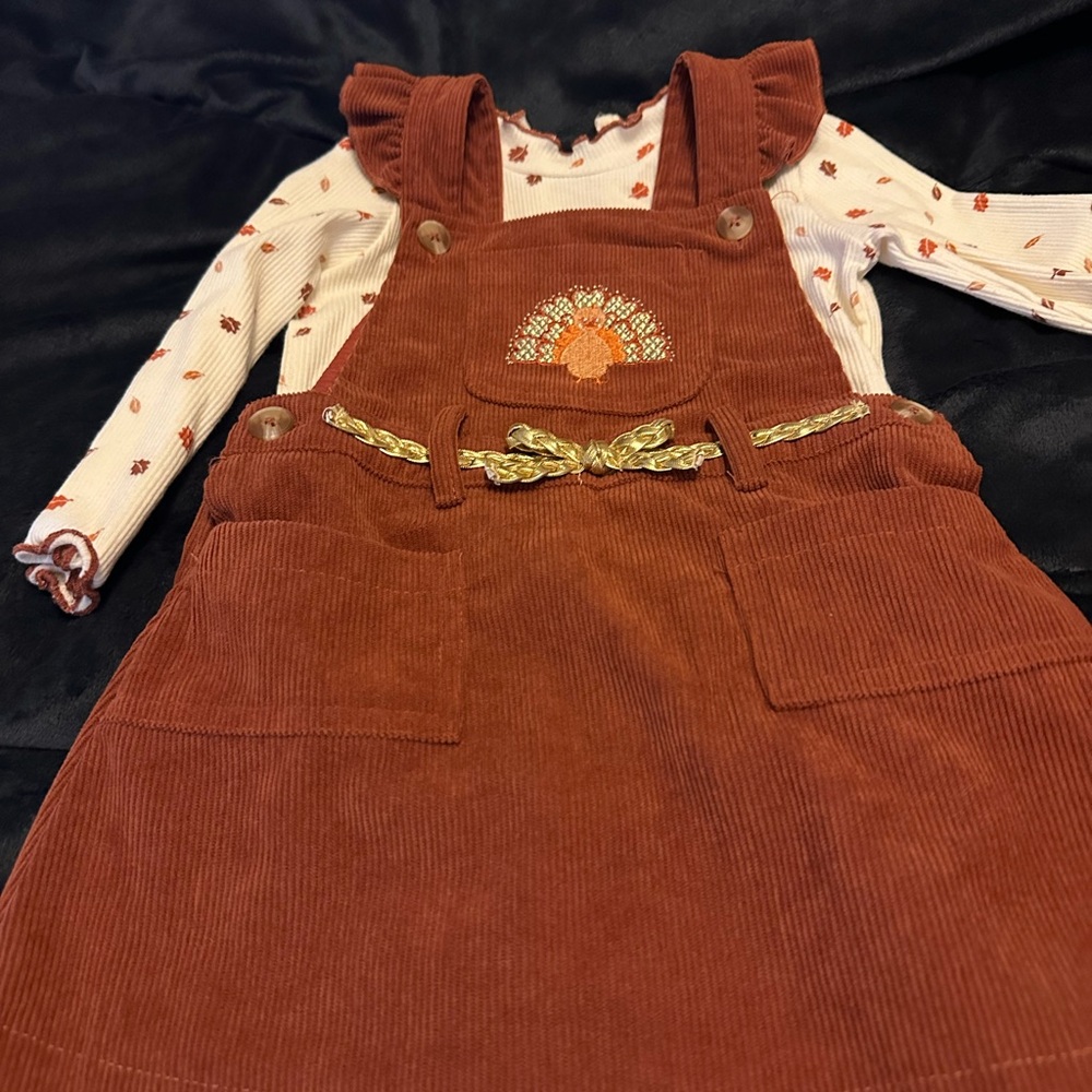 Brown Corduroy Overall Thanksgiving Dress with Embroidered Detail - Bin 14